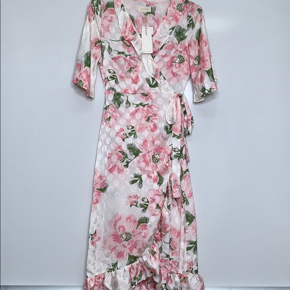 NWTs MELLODAY Floral Pink Wrap Ruffle Dot Dress - Picture 3 of 13